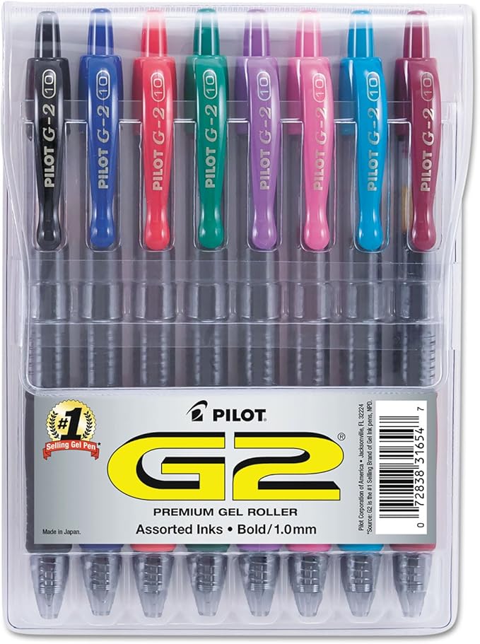 Pilot G2 Premium Retractable Gel-Ink Rolling Ball Pens, Bold Point (1.0mm), 1.0 Gel Pens, Assorted, 8-Pack - Ideal for School, Journaling, & Office Writing