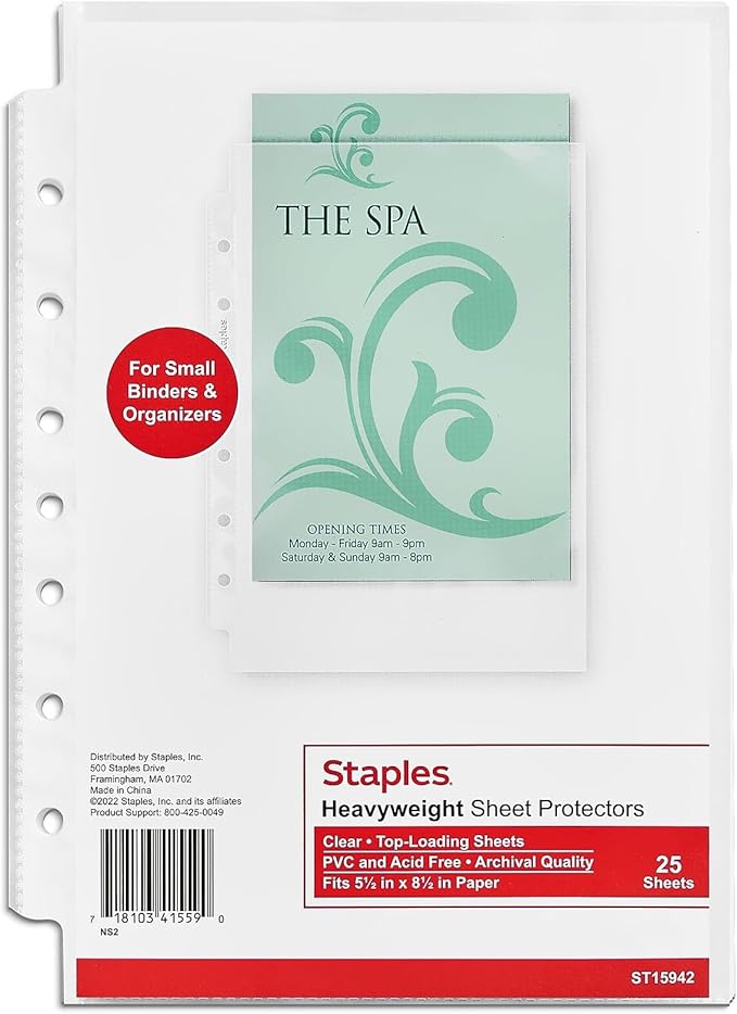 Staples 5-1/2" x 8-1/2" Sheet Protectors – Clear Page Protectors for Binders, 25-Pack