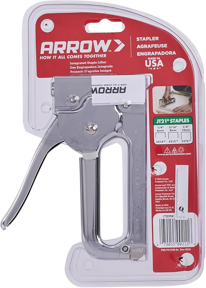 Arrow JT21CM Professional Light Duty Staple Gun for Upholstery, Crafts, Office, Fits 1/4", 5/16”, or 3/8" Staples