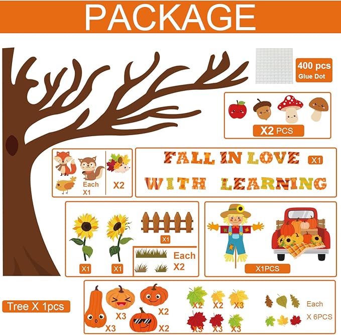120Pcs Fall Bulletin Board Decorations - Fall in Love with Learning Thanksgiving Autumn Scarecrow Pumpkin Cutouts for Classroom School Office Home Wall