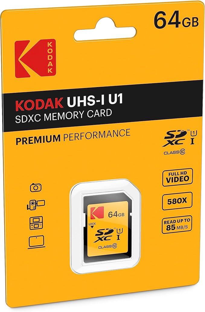 Kodak SDXC Card 64GB UHS-I U1 V10 Premium, up to 85MB/s Read Speed, for Full HD Video and High-Resolution Pictures, Compatible with SDXC Standard - EKMSD64GXC10K