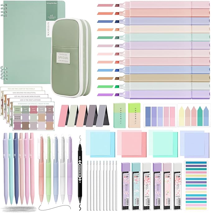 61 PCS Aesthetic School Supplies with Pen Case,12 Pastel Highlighters,5 Black Ink Gel Pens, 6 Mechanical Pencils 0.5 & 0.7mm,Sticky Note Index Tab and So on for Students Stationary College Essentials