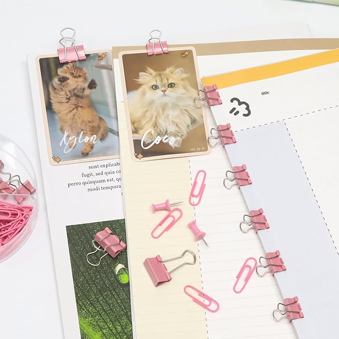 Office Supplies Set, Paper Clips, 72 Pcs, Push Pins and Binder Clips Set with Box for Office, School and Home(Pink)