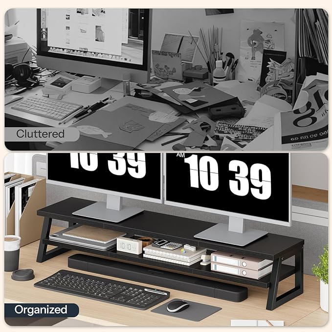 HOOBRO 2-Tier Dual Monitor Stand Riser, 39 Inch Large Computer Monitor Stand for 2 Monitors, Computer Monitor Riser, Desk Shelf Organizer for Office Desk, Accessories, Black BB122CJ01
