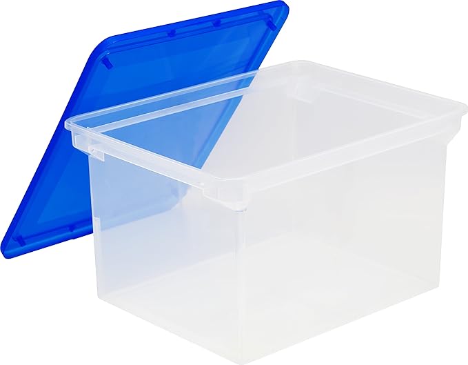 Storex Plastic File Tote Storage Box with Snap-On Lid, Letter/Legal Size, Clear/Blue (61508A01C)