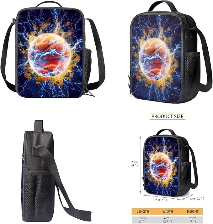 CLOHOMIN Lightning Basketball Backpack with Lunch Box for Boys 10-12, 3 in 1 Big Capacity School Book Bag Set for 6th Grade Insulated Lunch Bag for Middle School Bookbag and Pencil Bags Lunchbox