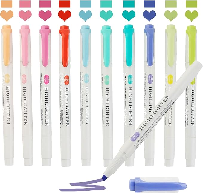 Real Mild Highlighters, Pastel Highlighter Assorted Colors Markers Dual Tip Highlighter Markers Chisel and Fine Tips for Coloring, Underlining, Highlighting (10colors)
