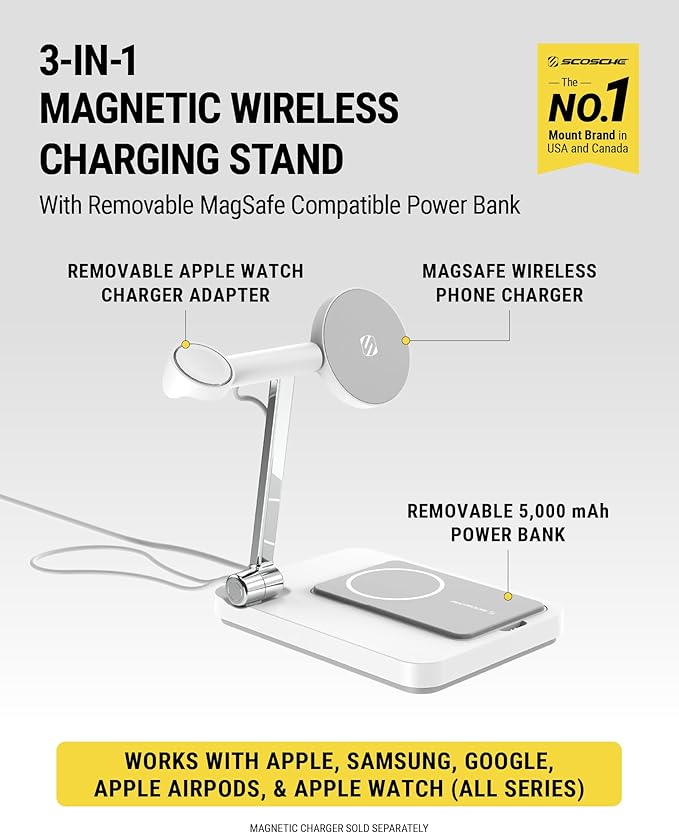 Scosche MSQSPBWT Wireless Charging Station with Removable 5,000mAh Fast USB-C Portable Power Bank for MagSafe iPhone 16/15/14/13/12/AirPods Pro with Apple Watch Charger Stand (Watch Charger Not Incl.)