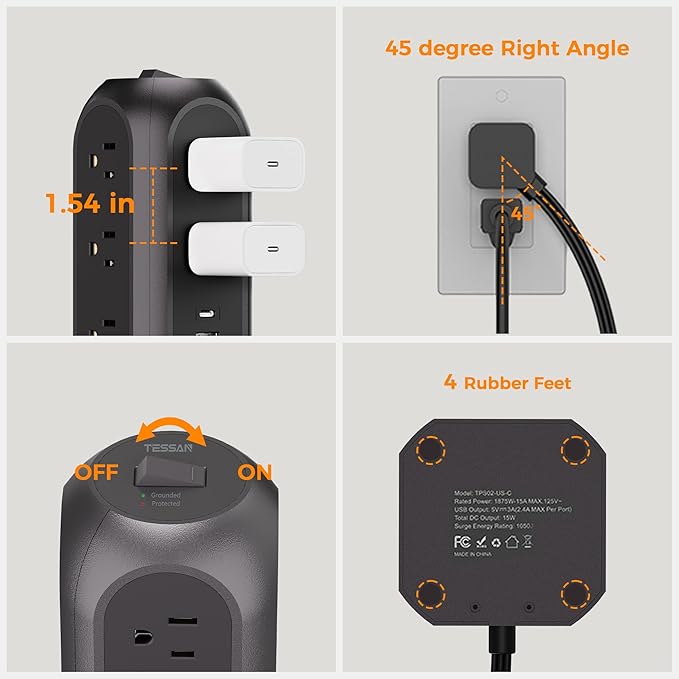Surge Protector Power Strip Tower, TESSAN 10 Ft Flat Plug Extension Cord with 11 Outlets 3 USB (1 USB C), 1050J Protection, Desk Charging Station for Home, Office, Dorm Room Essentials, Black
