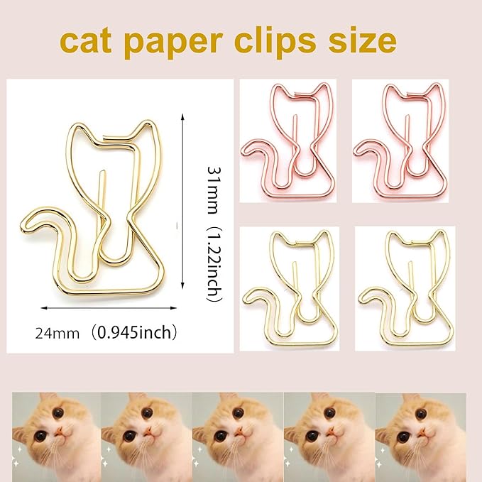 40 Pcs Metal Cat-Shaped Paper Clips Set - Cute Paperclips for Fun Office Supplies and Party Decor (Gold, Rose Gold)