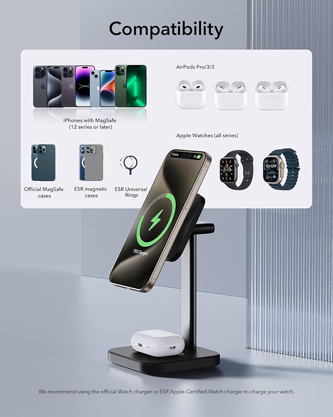 ESR 2 in 1 Charging Station for Apple, MagSafe Charger Stand for iPhone [Certified], Magsafe Charging Station for Multiple Devices iPhone 17/16/15/14/13/12, Apple Watch, & AirPods, Black