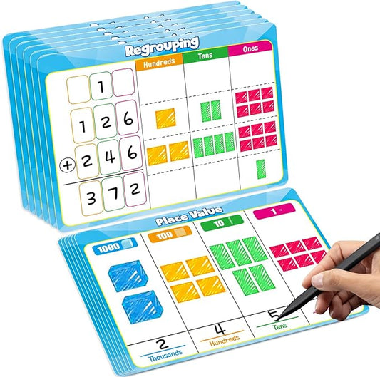 12 Pack Place Value Dry Erase Flash Cards Chart, 9" x 12" Base Ten Addition and Subtraction Math Manipulatives 1st 2nd 3rd Grade Classroom Must Haves Teacher Homeschool Supplies Essential