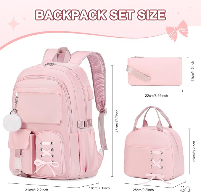 Backpacks for Girls, Girls Backpack with Lunch Box & Pencil Pouch for Teens Girl Kids Elementary Middle High School College Student Bookbag Daypack Laptop Travel Backpack for Women (Pink)