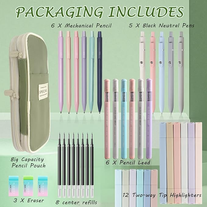 41 PCS Aesthetic School Supplies with Cute Pen Case, 5 Black Ink Gel Pens, 12 Pastel Highlighters, 6 Mechanical Pencils Set 0.5 & 0.7 mm for School Supplies Essentials (Green)