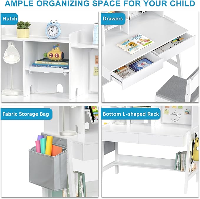 GDLF Kids Study Desk and Chair Set, Adjustable Children Study Table with Chair, Kids Wooden Desk with Hutch, Drawers, Book Stand, Whiteboard and Fabric Storage Bag for 5-12 Years Old