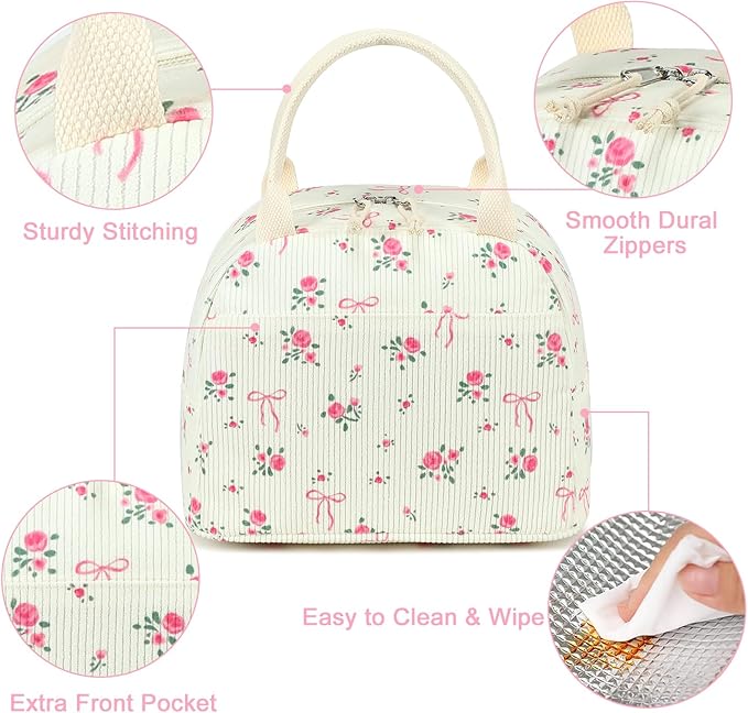 LEDAOU Lunch Box for Women Insulated Lunch Bag Corduroy Lunch Tote Bags Leakproof Cooler Lunch Case for Travel Work Picnic (Bow Floral)