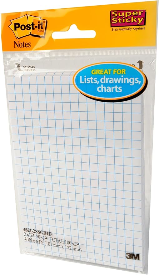 Post-it Super Sticky Notes, 4 in x 6 in, 2 Pads, 2X The Sticking Power, White with Blue Grid Lines, Recyclable (4621-2SSGRID)