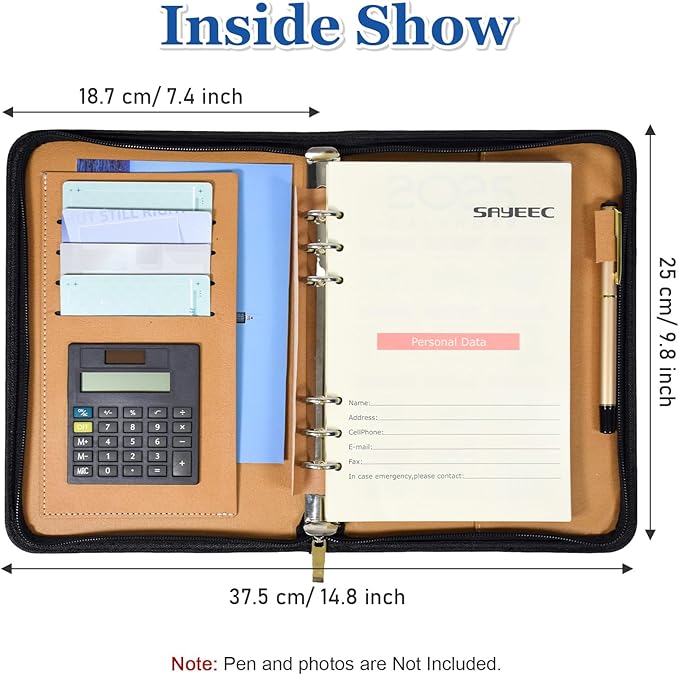 SAYEEC A5 Executive Conference Folder Business Notebook Zipped Organizer with Calculator Travel Portfolio binder Faux Leather Loose Leaf Paper Lined Refillable Journal Gift for Men
