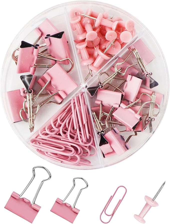 Paper Binder and Clips Set, Metal Assorted Sized Binders with Push Pins, Cute Office Supplies, Teacher Desk Must Haves, Cute Desk Accessories,Pink, 1 Pack