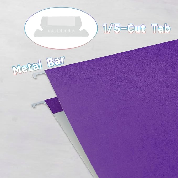 25 Packs Hanging File Folders with 1/5-cut Tab,Letter Size File Folders Purple for Filing Cabinet,Ideal Office,School Classroom Supplies
