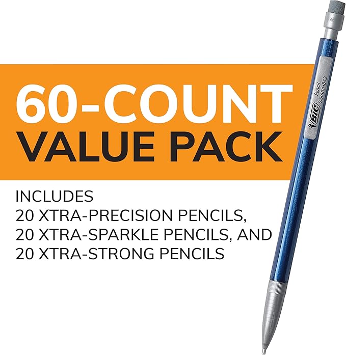 BIC Mechanical Pencil Variety Pack, Number 2 Mechanical Pencils With Erasers, Fine Point (0.5mm), Medium Point (0.7mm) and Thick Point (0.9mm), 60 Count, Bulk Mechanical Pencils for School or Work
