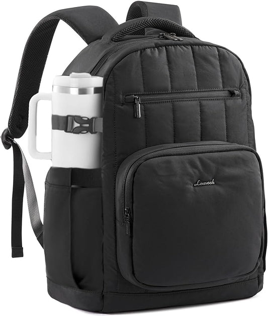 LOVEVOOK Laptop Backpack for Women with Giant Tumbler Holder Pocket,17 Inch Puffer Travel College Work Backpack Purse for Teacher Nurse,Waterproof Laptop Bag Computer Back Pack Casual Daypack,Black