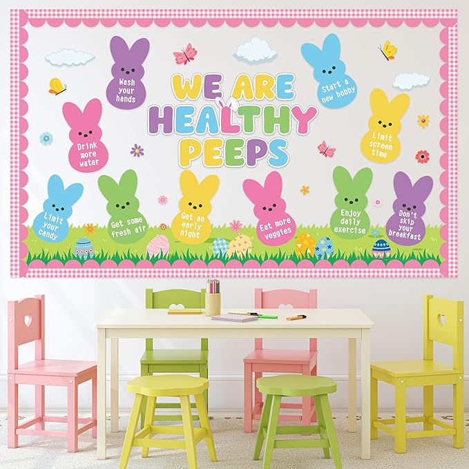 Easter Health Bulletin Board Set Easter Health Habits Classroom Decoration Spring Bunny Rabbit Good Habit Paper Cutouts Spring Classroom Decoration for Spring School Chalkboard Wall Decor Supplies