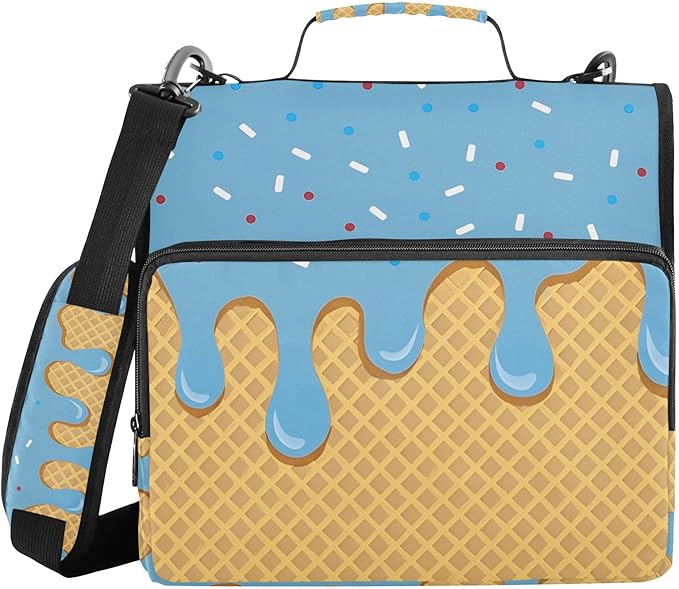 Blue Ice Cream Drip 3 Ring Zipper Binder with Shoulder Strap 1.5 inch Binders Keeper Large Capacity Multi Pockets for School Office Supplies