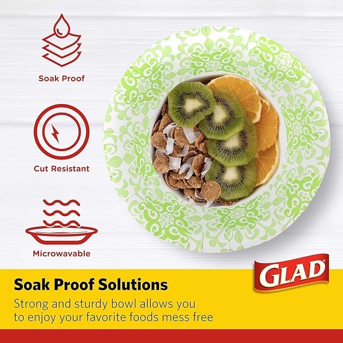 Glad Round Disposable Paper Bowls, Green Victorian Design - Heavy Duty, Soak Proof, Cut-Resistant, Microwavable Bowl for All Foods & Daily Use, 16 Oz, 15 Count - 2 Pack
