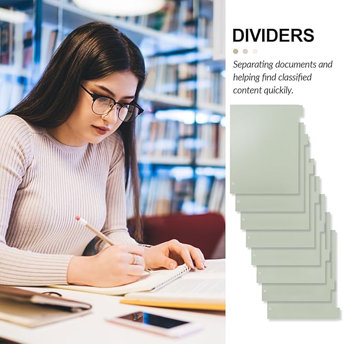 Buqoo 3 Ring Binder Dividers with 8-Tabs, A4 Sage Green 3 Hole Binder Divider, Sturdy Aesthetic Plastic Index Page Binder Dividers for Student Notebook Journal Planner/School Office (8.4"×10.9")