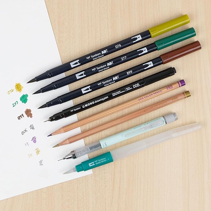 Tombow 56305 Urban Sketching Set, 8-Piece Art Set with Dual Brush Pens, Colored Pencils, Water Brush, Mechanical Pencil, Drawing Pen