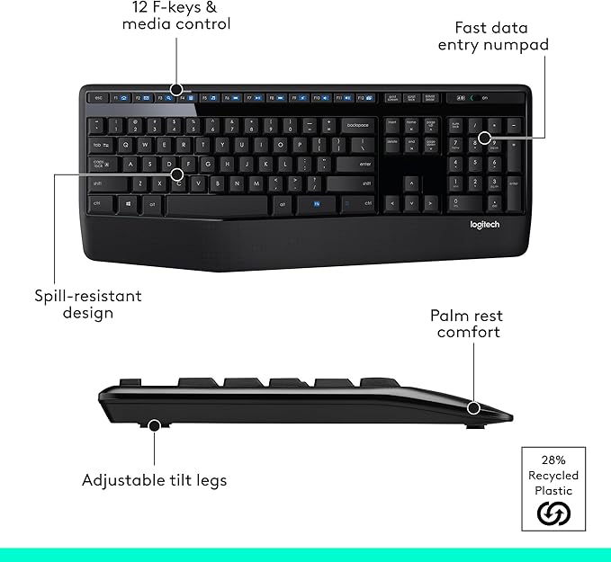 Logitech MK345 Wireless Keyboard and Mouse Combo with Palm Rest, 2.4 GHz USB Receiver, Compatible with PC, Laptop, Black