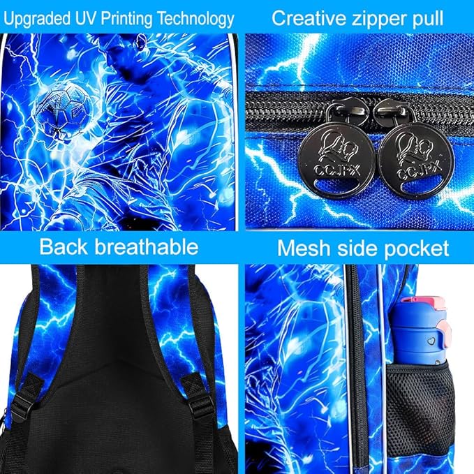 KLFVB 3PCS Backpack for Boys, 17" Football Bookbag and Lunch Box, Water Resistant Teenagers School Backpacks for Middle Elementary - Lightning Soccer