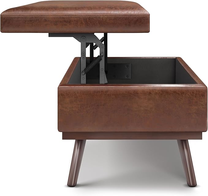 SIMPLIHOME Owen Lift Top Coffee Table Storage Ottoman - 42 inch Wide Upholstered Vegan Leather Rectangular Lift-Top Ottoman in Distressed Saddle Brown, Mid-Century Modern Ottoman for Living Room