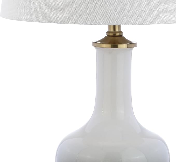 JONATHAN Y 25" White/Gray Gradient Ceramic Table Lamp, Brass Base LED Lamp for Bedside Nightstand Living Room, White Linen Drum Shade, Midcentury Decor (JYL3019B)