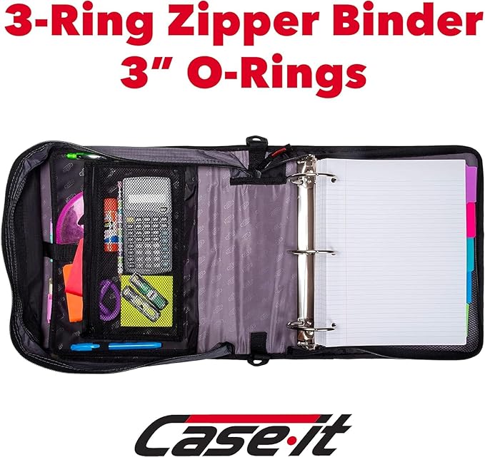 Case-it The Mighty Zip Tab Zipper Binder - 3 Inch O-Rings - 5 Color Tab Expanding File Folder - Multiple Pockets - 600 Sheet Capacity - Comes with Shoulder Strap - Jet Black D-156-N-C