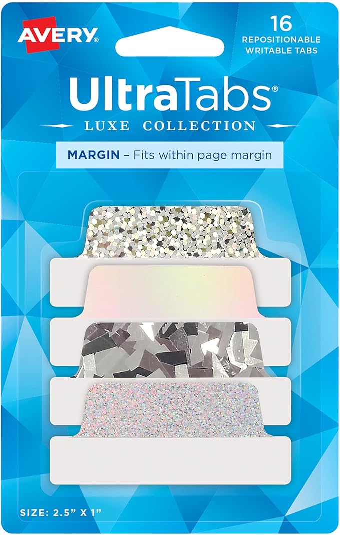 Avery Ultra Tabs Luxe Collection, 2.5" x 1" Margin Tabs, Holographic Iridescent Designs, Repositionable, 16 Total (74179)