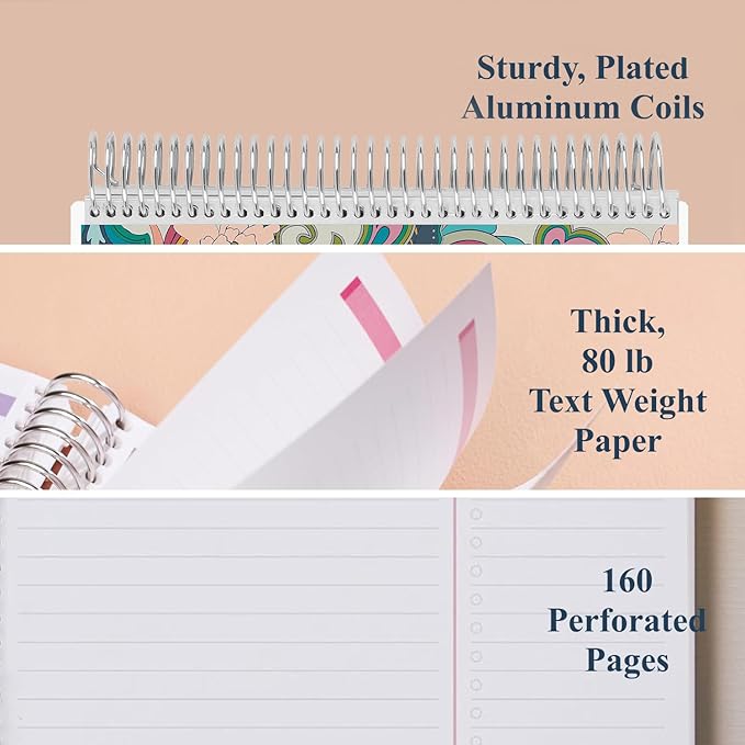 Erin Condren 7" X 9" Spiral Bound Productivity Notebook - Playful Paisley, Functional 160 Lined Page and 80Lb Thick Paper Spiral Notebook, Stickers Included
