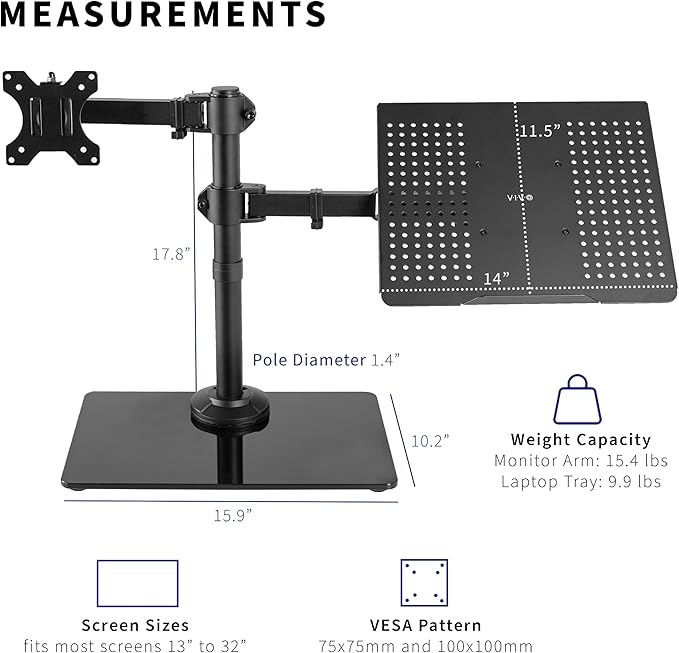 VIVO Free Standing Single Computer Monitor and Laptop Combo Desk Stand with Sleek Glass Base, Fits up to 32 inch Monitors and 17 inch Laptops, Black, STAND-V002FGL