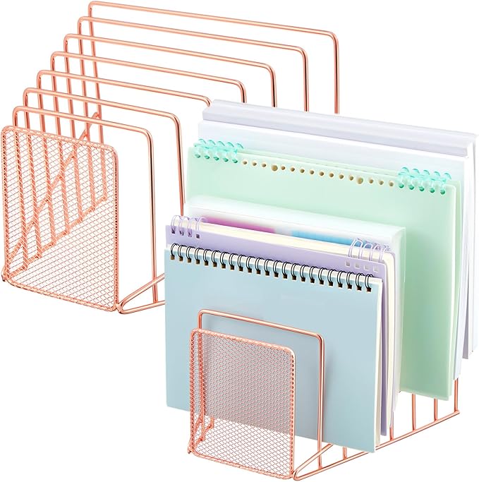 2 Pcs 7 Section Wire File Organizer for Desk, Metal Mesh Incline File Holder, Letter & Magazine Folder Rack, Desktop Paper Sorter for Home Office School (Rose Gold)