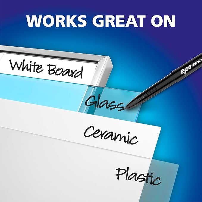 EXPO Wet Erase Markers, Semi-Permanent, Blue, Fine Tip, 12 Count - For Writing on Glass, Whiteboards, Mirrors, Calendar, Labeling, Organizing