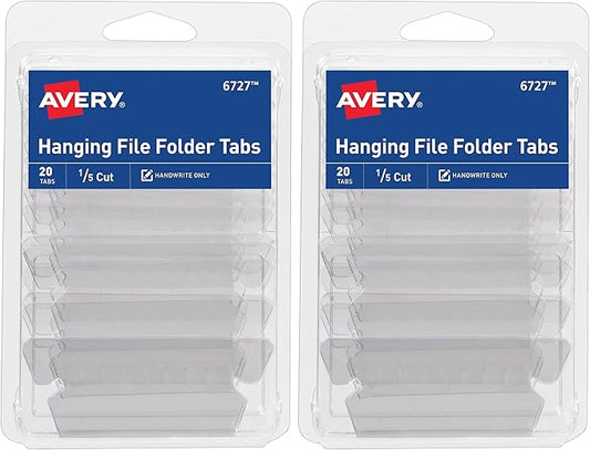 Avery Hanging File Folder Tabs and Inserts, 1/5 Cut, Clear, 20 File Folder Tabs and Inserts Total (06727) (Pack of 2)