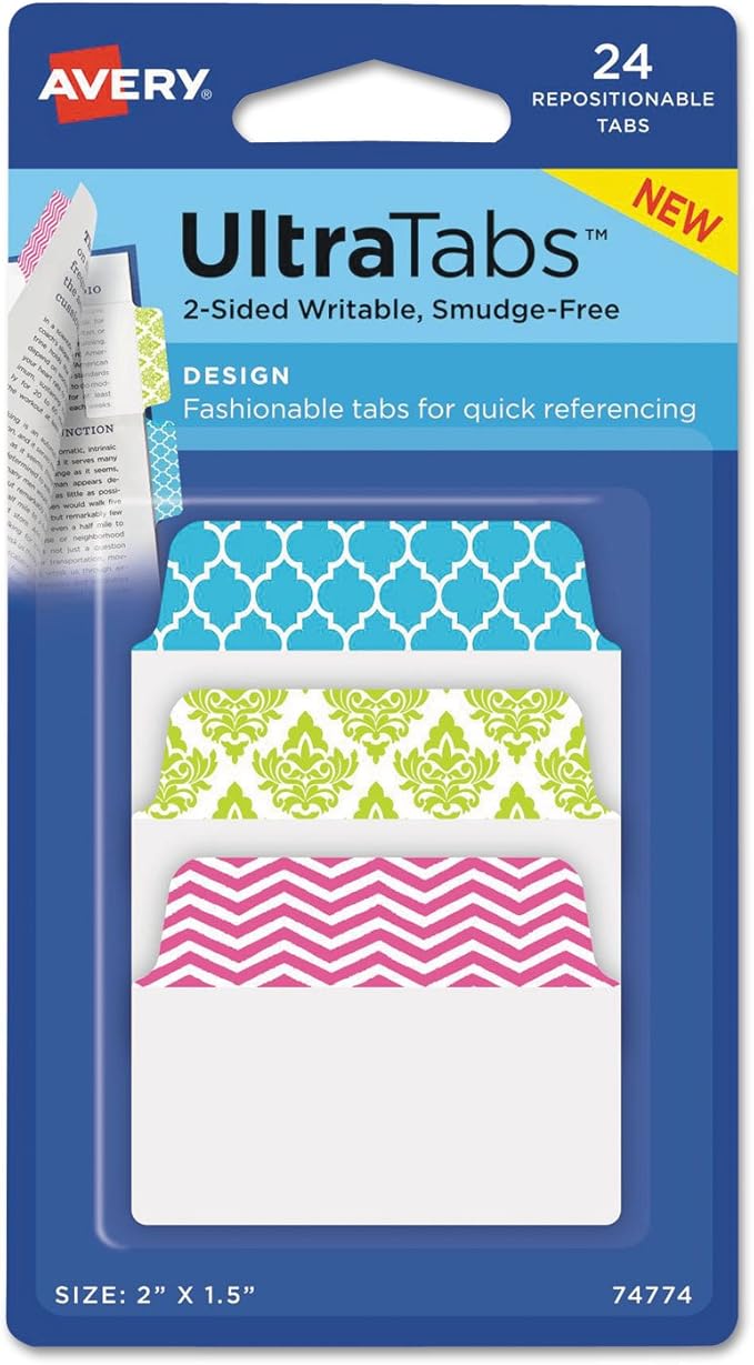 Avery 74774 Ultra Tabs Repositionable Tabs, 2 x 1 1/2, Patterns: Blue, Green, Pink, 24/Pack
