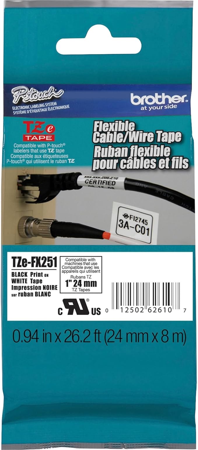 Brother Genuine P-touch TZE-FX251 Tape, 1" (0.94") Wide Flexible-ID Laminated Tape, Black on White, Best Suited for Wire Wrapping and Flagging, Water-Resistant, 0.94" x 26.2' (24mm x 8M), TZEFX251