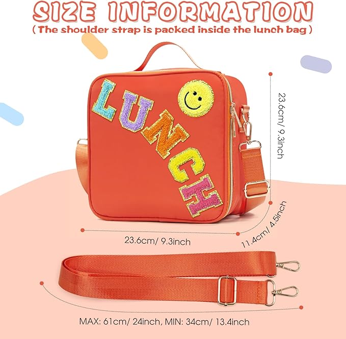 Insulated Lunch Bag Women Lunch Box Kids for Teen Girls Boys, Cute Preppy Lunch Boxes With Adjustable Shoulder Strap, Waterproof Nylon Lunchbox Lunch Bags for School Work Picnic (Orange)