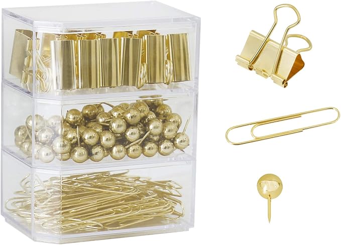 Gold Binder Paper Clips Set,182pcs Large Paper Clips,Binder Clips,Push pins, Office Supplies Clips for Women,Desk Accessory