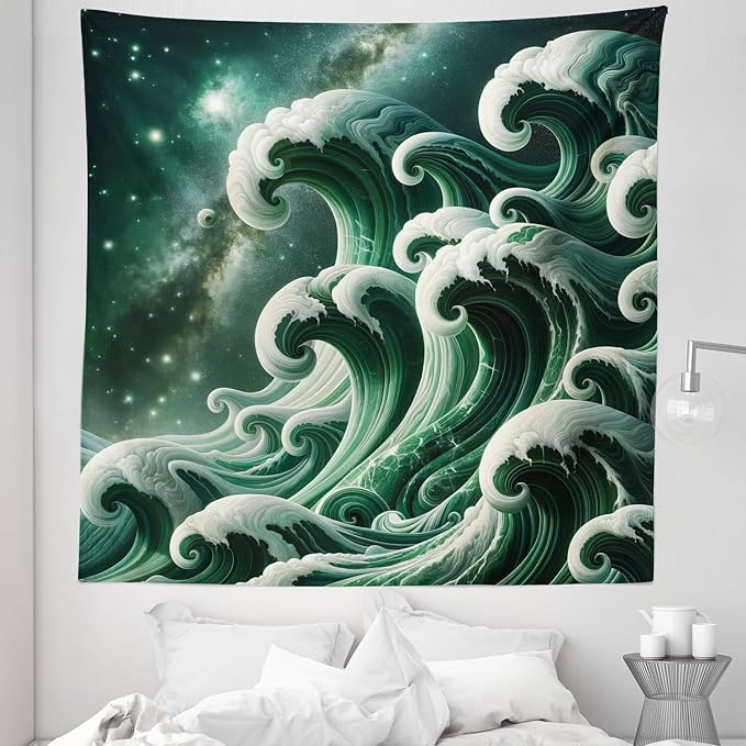 Ambesonne Green Tapestry Queen Size, Bold Marble Print Ocean Waves with a Realistic Galaxy Space Starry Sky Illustration, Wall Hanging Bedspread Bed Cover Wall Decor, 88" X 88", Dark Teal