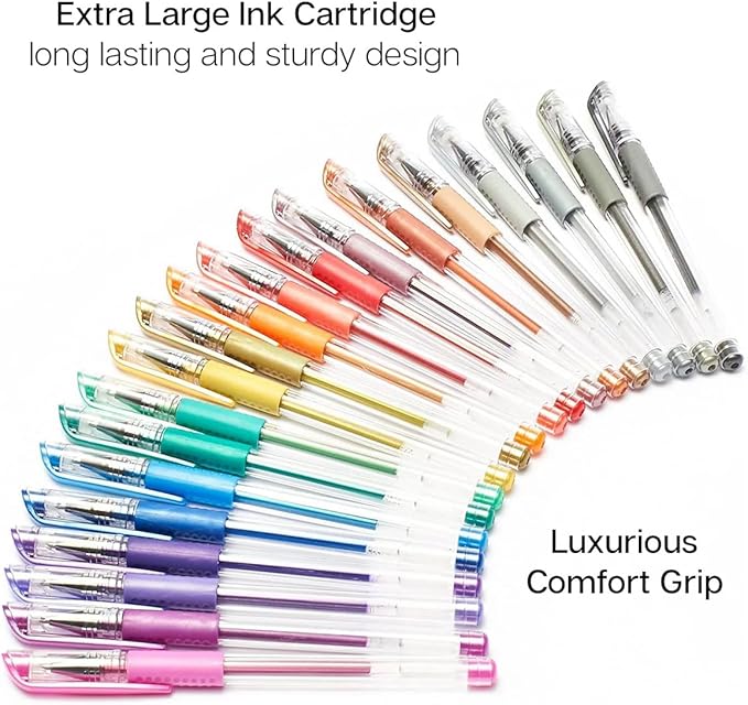KINGART Metallic Rollerball Gel Pens, Set of 20 Shiny Colors with Soft-Grip Comfort, XL Ink Cartridge - Ink, Great for All Ages, Writing, Coloring, Doodling, Scrapbooking, Journaling & More