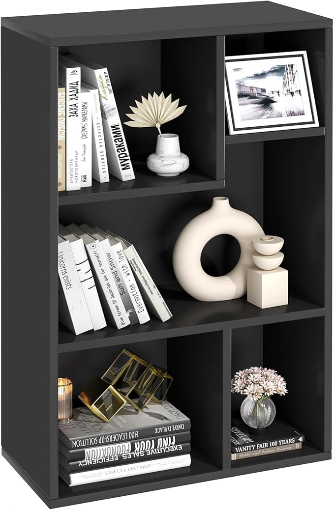 VECELO Modern Bookshelf, 5 Cube Shelf, Fits Tallest Hardcovers, Horizontal Available, Storage Organzier for Home Office, Black