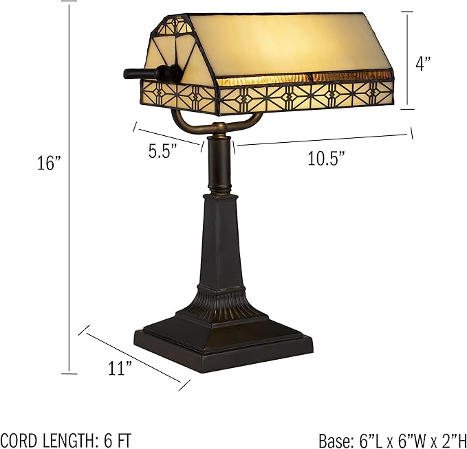 Lavish Home Tiffany-Style Bankers Lamp - Vintage-Looking Mission-Style Table or Desk LED Light with Stained Glass Shade (Dark Brown)